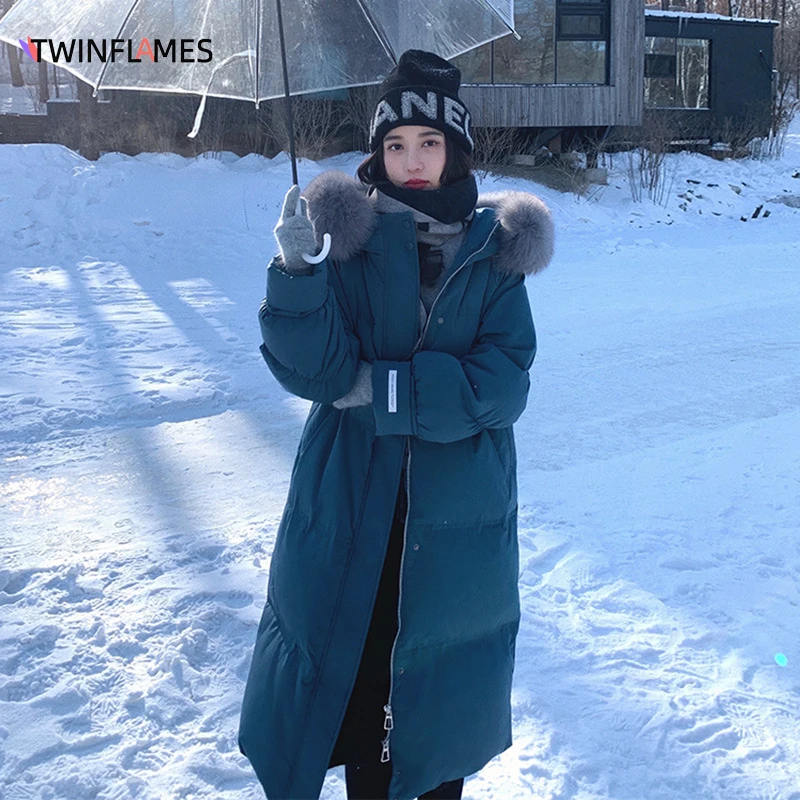 

TWINFLAMES Winter Women's Down Jacket Big Fur Collar Puff Sleeve Down Coat Lady Long Over the Knee Loose Hooded Quilted Parka