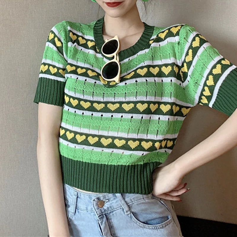 Женский полосатый ажурный зеленый укороченный свитер новые летние трикотажные