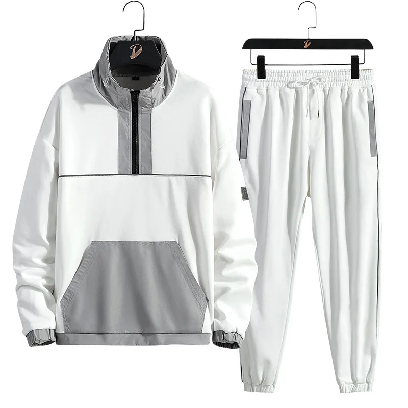 

Spring Autumn Men's Tracksuit Streetwear Fashion Stand Collar White Hoodie+Pants 2 Piece Sets Men Plus Size 8XL Sweat Suits