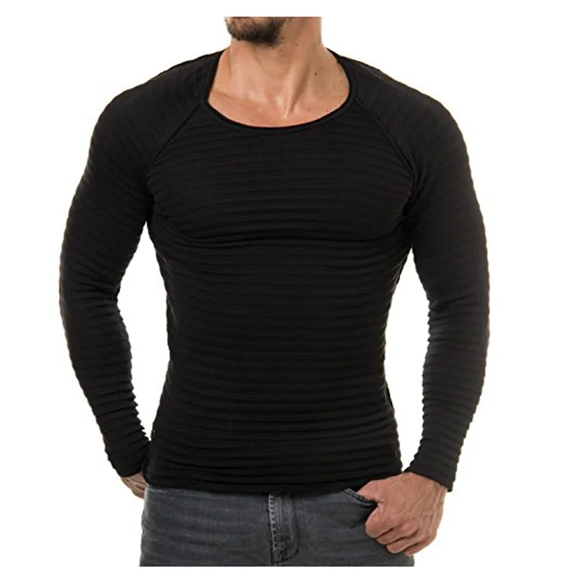 

2021 New Sexy Men's Long-Sleeved Elastic T-Shirt Retro Style Cotton T-Shirt Male Striped Versatile Men's Warm Clothing