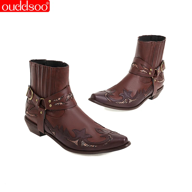 

ODS Women Ankle Boots Pointed Toe Metal Decoration Buckle Zipper Autumn Winter Four Colors Printing Female Shoes Big Size 46