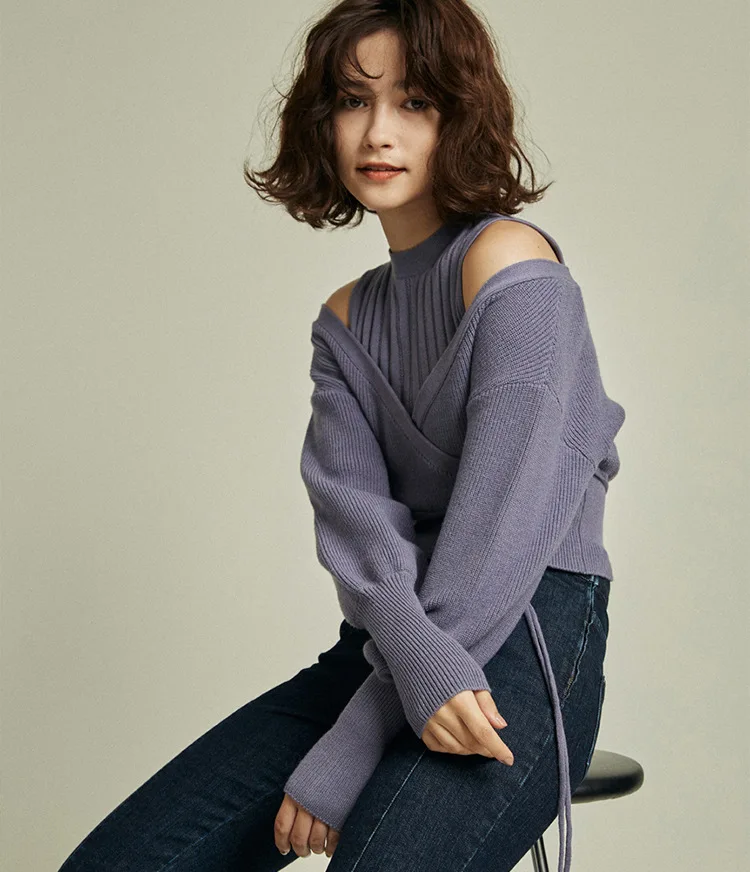 

Женский трикотажный свитер на завязках, Свободный пуловер с воротником средней высоты, без бретелек, Осень-зима 2021