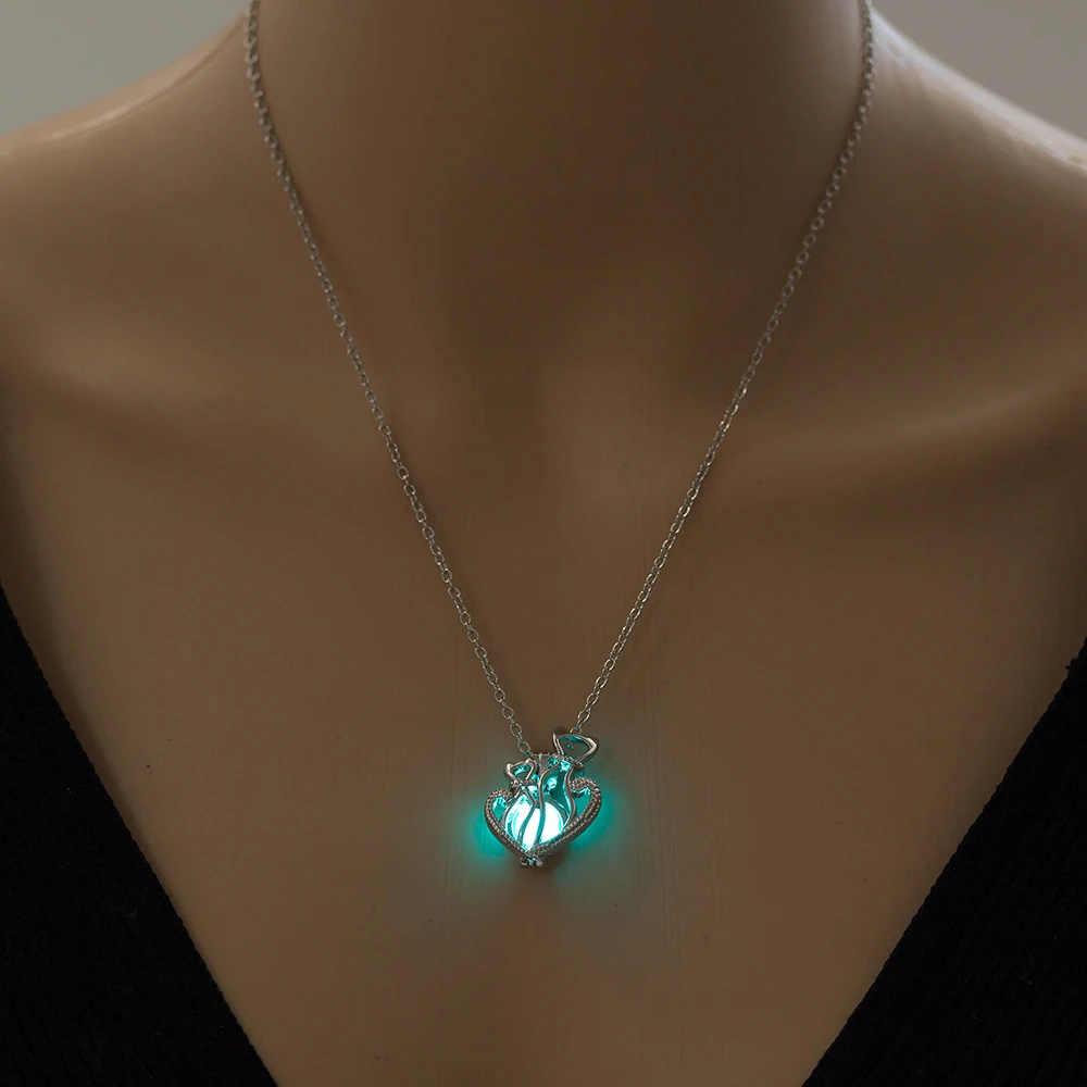 Blue Green 3 цвета, светящаяся в темноте подвеска в виде сердца, ожерелье для женщин, полое светящееся каменное ожерелье, рождественская подвеска, ювелирные изделия - Окраска металла: Blue Green