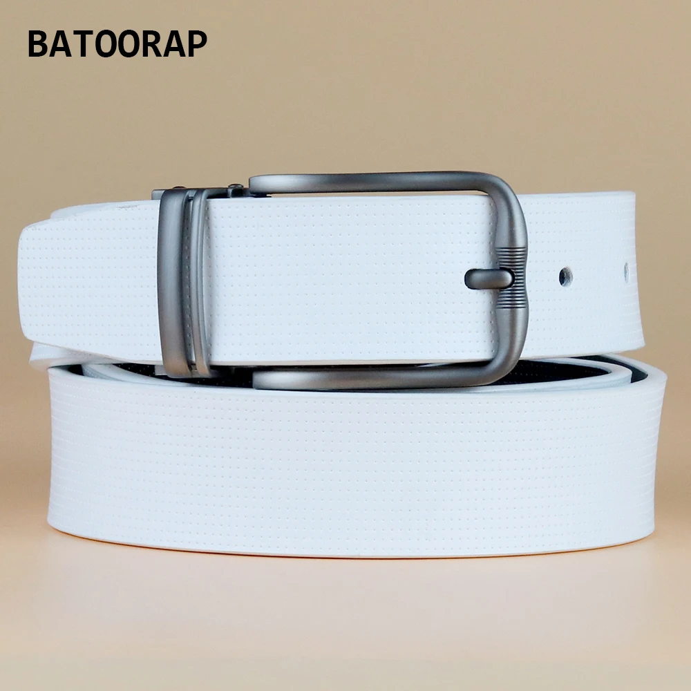 BATOORAP Fashion White Belt For Men Needle Pin Buckle Casual Jeans Waist Strap Split Leather Belts 33MM Width Male Trouser Strap