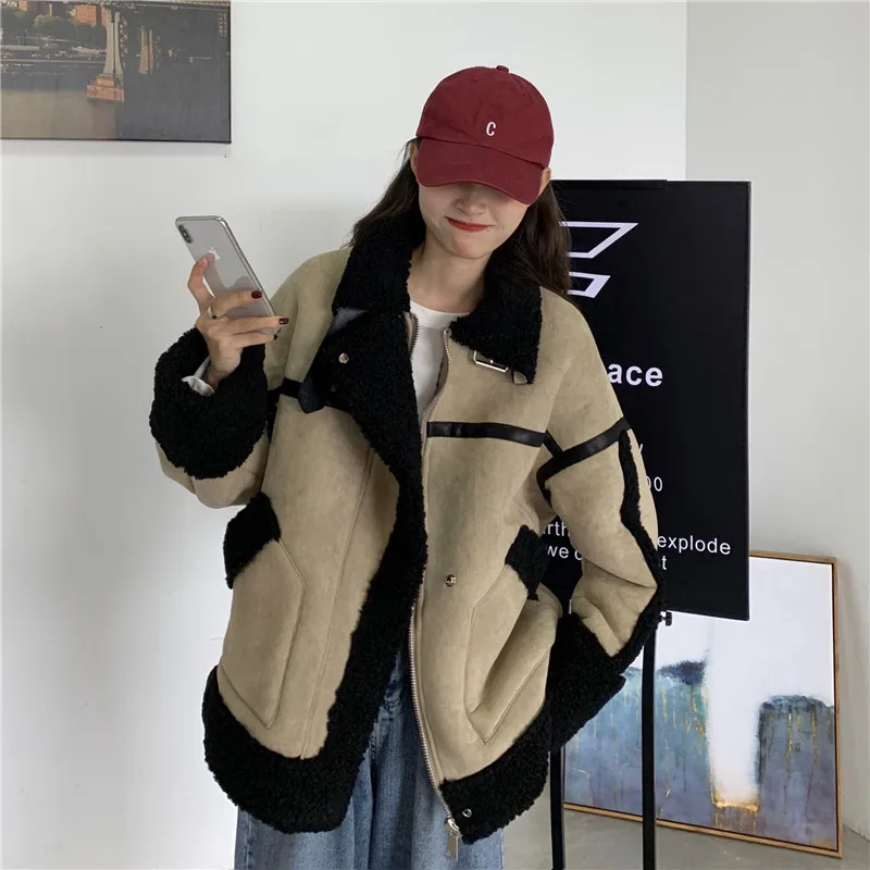 Korea Style Women Winter Loose Thermal Warm Coat Faux Sheepskin Fleece Parkas Streetwear