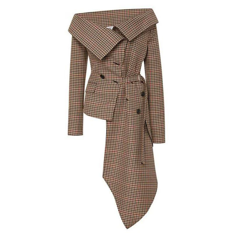 

Sexy Off Shoulder Jacket Slack Checked Irregular Cape Lapel Plaid Jacket Cool Slim Women's Autumn Jackets 2020 Lady Elegant Wear