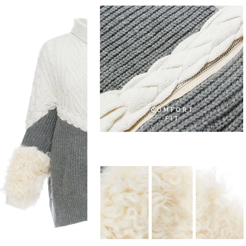 New Woven Linen Flower Color Slim Sweaters Irregular Furry Cuff Loose Zip Off-Shoulder Pullover Sweater Long Sleeve Minimalism