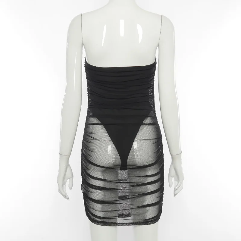 

Solid Mesh Patchwork Mini Dress Women Sexy Strapless Corset Style Bodycon Skirt 2021 Hot Female Sexy Midnight Clothing