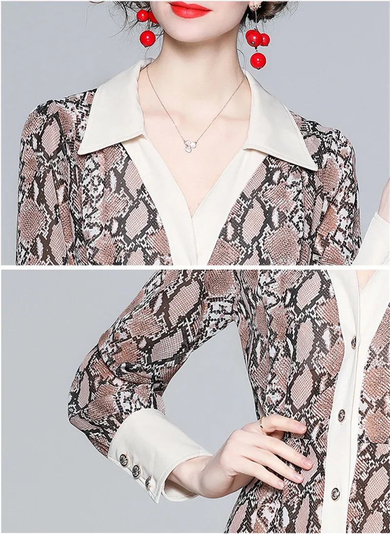 

Serpentine Print Midi Dress Women Long Sleeve Lapel Banquet Dresses Female Elegant Party Club Clothes 2021 Spring Autumn Outfit