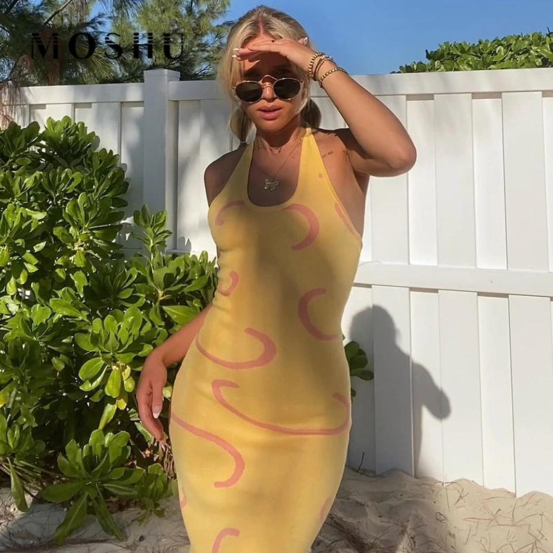 

Sleeveless Slim Tight Dress Women Casual Knitted Sundress Summer Halter Backless Outfits Elegant Print Long Midi Pencil Dresses