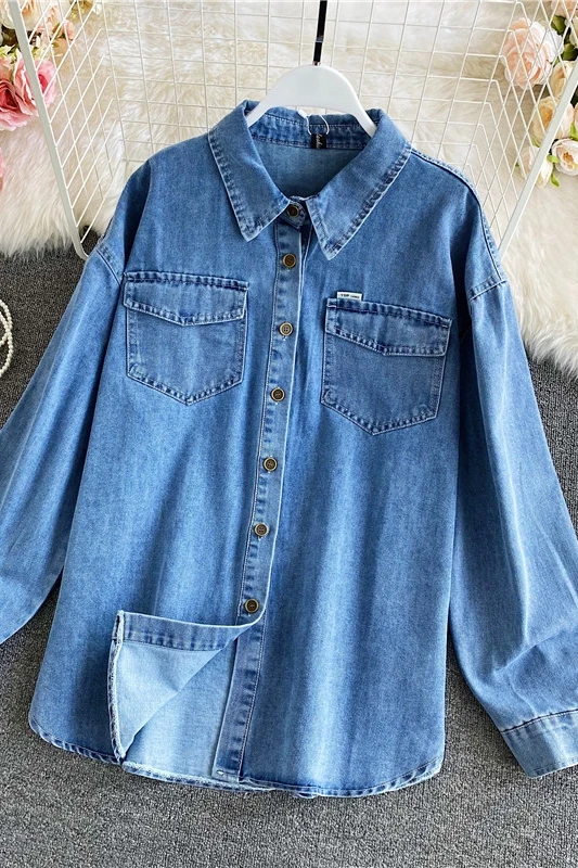 

Spring and Autumn New Korean Style Retro Denim Shirt Women's Long Sleeve Loose Graceful Shirt Jacket Fashion