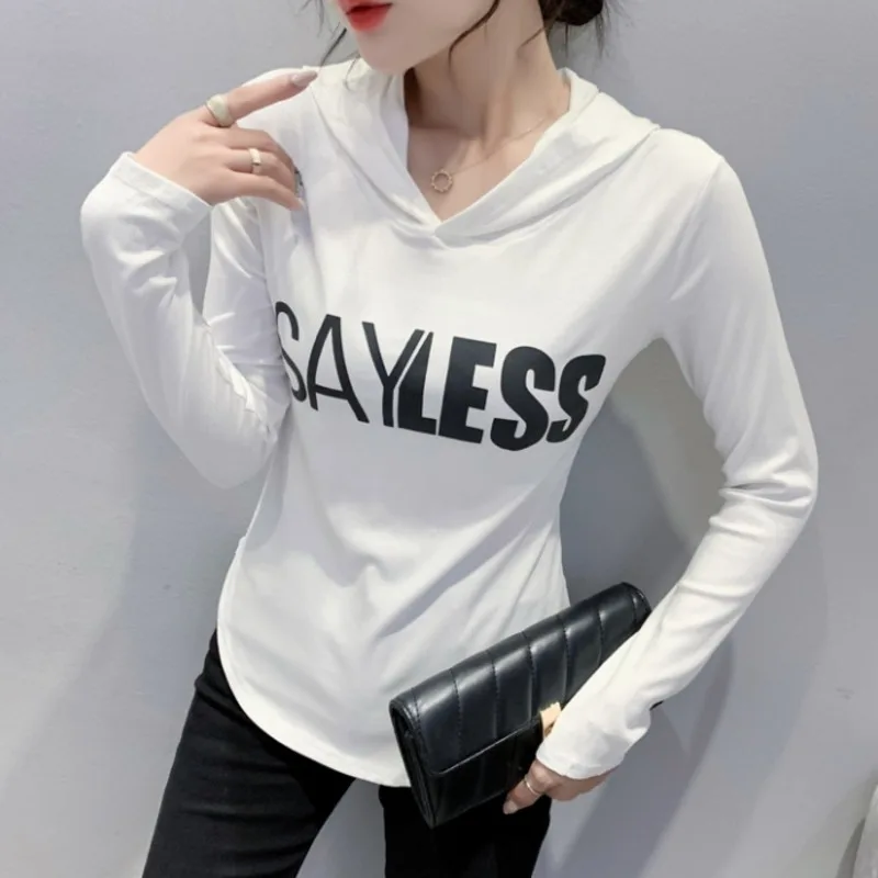 

#8739 Black White Hooded T Shirt Women Letter Printed Women's T-shirt Cotton Casual Slim Short Sexy Women's T-shirt Asymmetrical