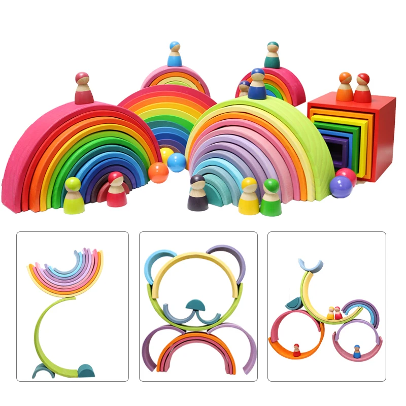 Деревянные строительные блоки Монтессори обучающая игрушка для детей радужные