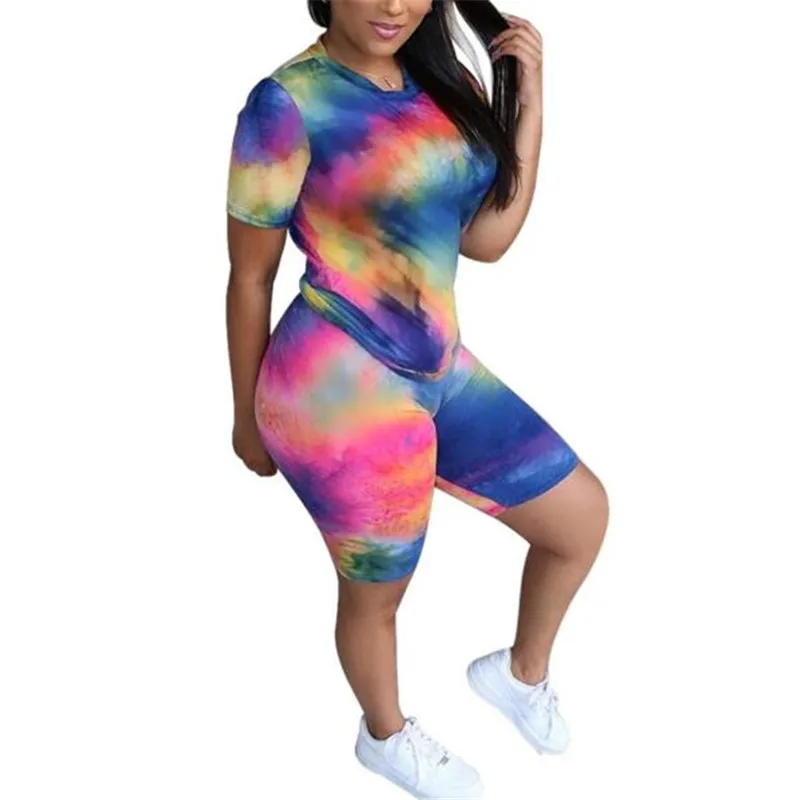 

2 Pieces Leisure Suit Set for Women Tie-Dye Print Short Sleeve T-Shirt Tops+Slim Shorts Latest Colorful Gradient Printing Sets