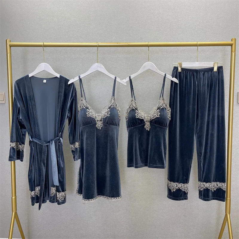 

Gray V-neck Pajamas Set Women Velour Robe Suit Lace Trim 4PCS Sleepwear Velvet Pijamas Suit Femme Kimono Gown Home Clothing