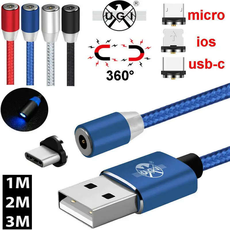 Вращающийся на 360 градусов круглый 1 3 м длинный Micro USB C IOS 2.4A Магнитный кабель для
