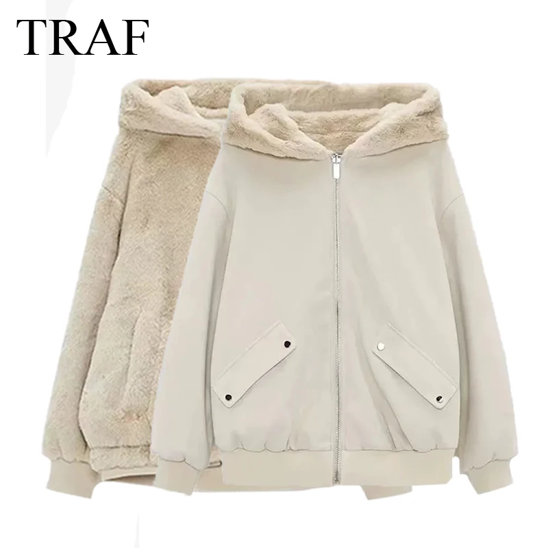 

TRAF Za Women's Clothes Reversible Faux Fur Coat Women's Fashion Winter Sweet Warm Fur Hooded Leather Jacket With Pockets Coat