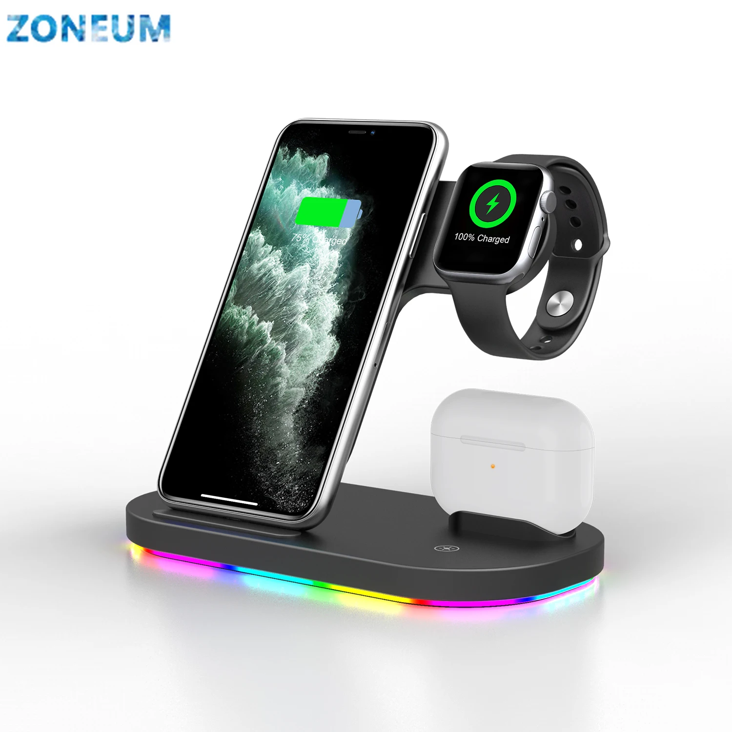 

Беспроводное зарядное устройство ZONEUM 3 в 1 Qi, док-станция для зарядки iPhone 12 11 Max X XR Xs 8 AirPods Samsung S10 xiaomi huawei Lz7