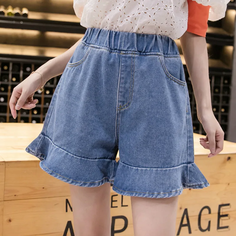 Размера плюс летние шорты из денима с эластичным поясом и оборками на подоле для