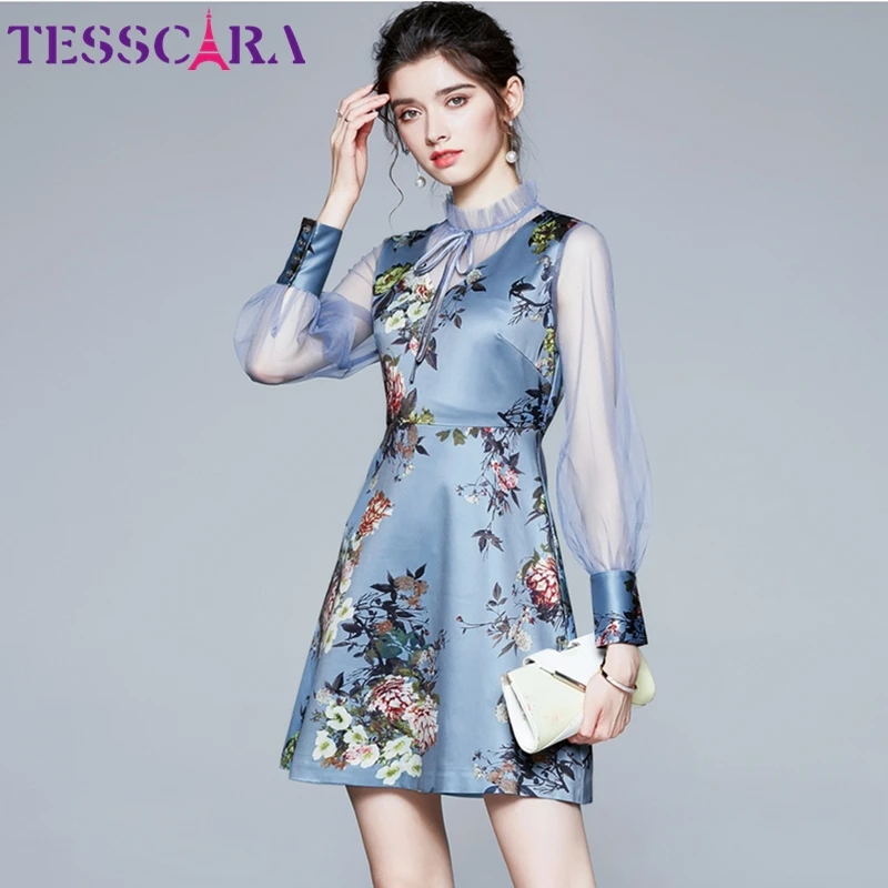 Женское осеннее элегантное Цветочное платье TESSCARA праздничное синее коктейльное