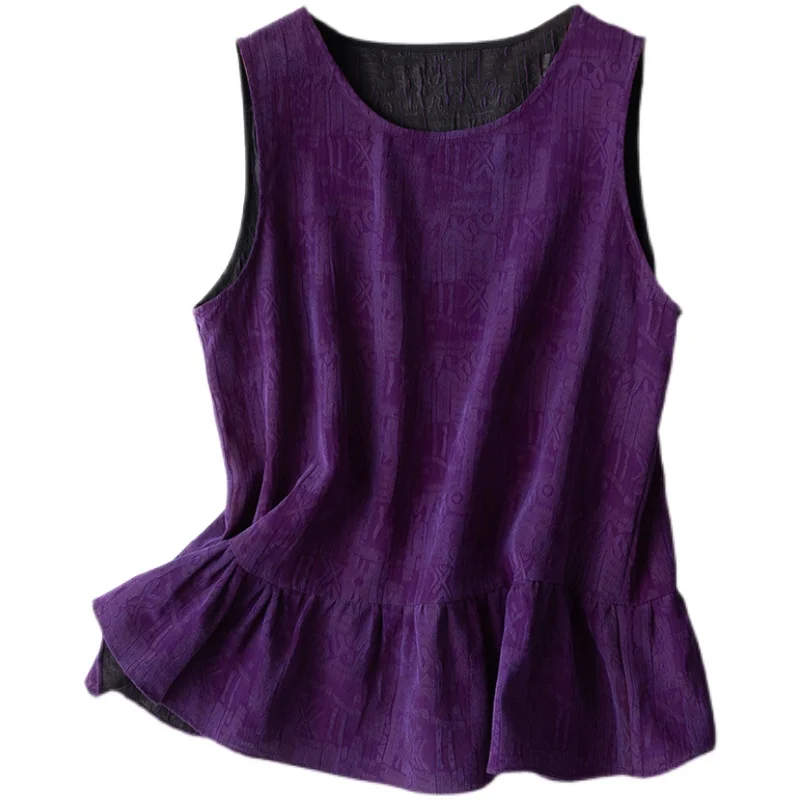 

Women's 100% Silk T-shirt new style loose type Top Blouse Round Neck Vest Jacquard purple fashion waistcoat shirt L1094