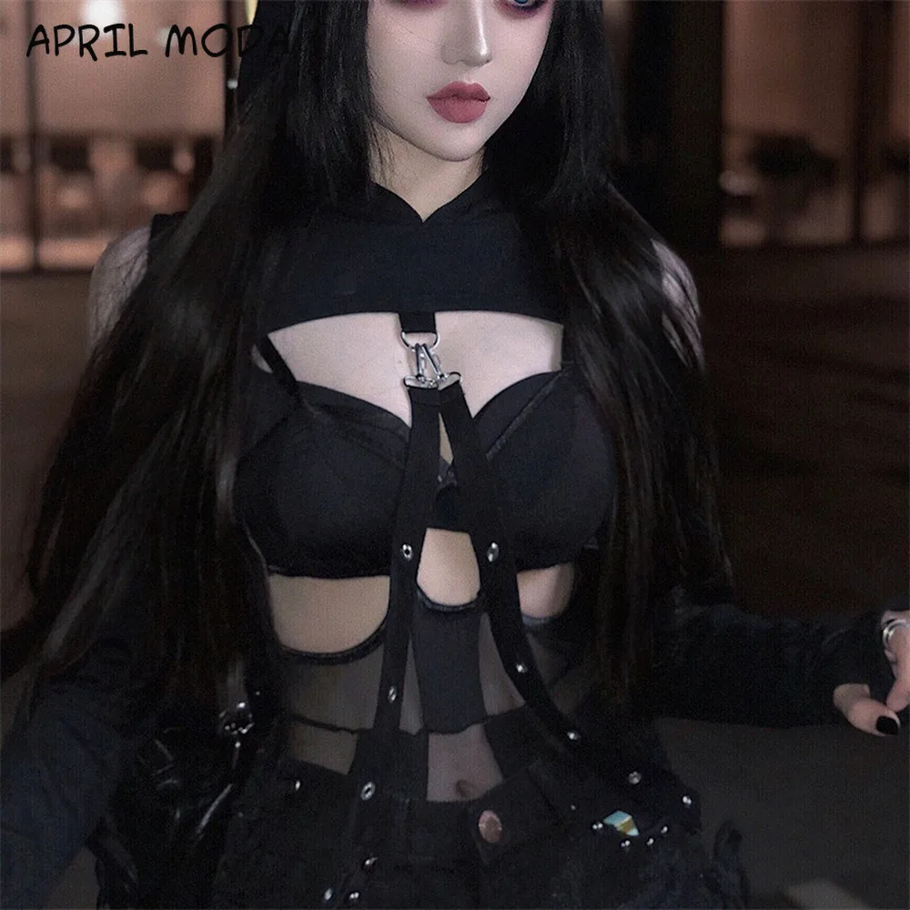 

Vintage Gothic Street Club Sexy Black Hoodies Women Cropped Sweatshirt Off Shoulder Long Sleeve Autumn Button Pullover Female