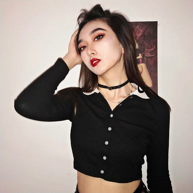 Rapwriter Повседневная футболка с длинным рукавом Harajuku Moon Graphic Basic для женщин, осень, уличная одежда с отложным воротником, Стрейчевые укороченные топы