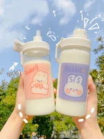 500ml cute rabbit with straw glass frosted water bottle portable leakproof travel large capacity water cup for girl