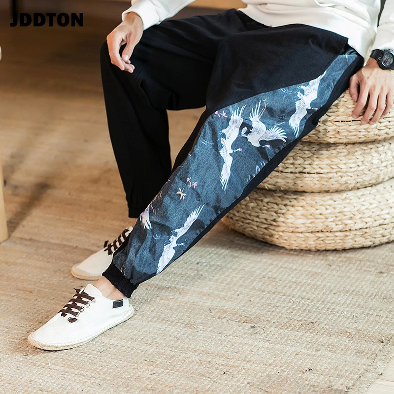 JDDTON мужские хлопковые и льняные свободные брюки с боковым принтом Стильные