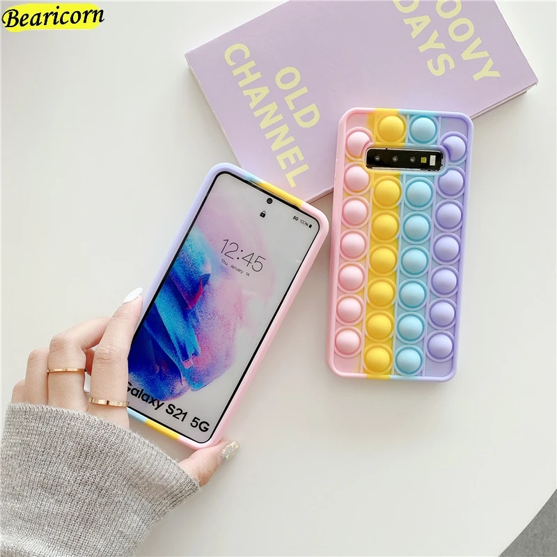 Pop Bubble Fidget Toys Case For Samsung Galaxy S21 S20 FE S10 S9 Plus Note 9 10 20 Ultra 5G Rainbow Beans Cartoon Unicorn Cover