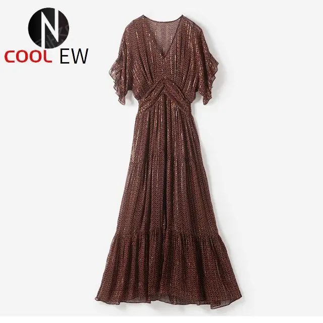 

Elfbop Women Silk Ladies V Neck Shimmer Thread Long Dress - Ladies/Female Lurex METALLIC YARN Mixi Dress
