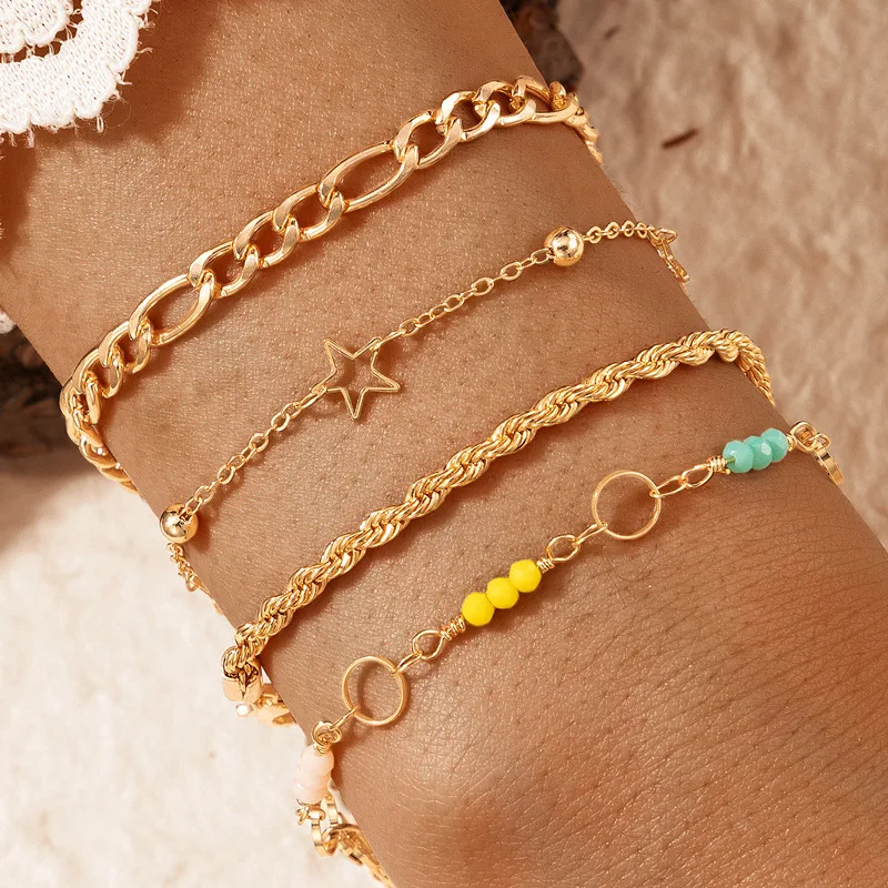 

4 Pcs / Set Boho Colorful Bead Chain Hollow Star Shape Charm Bracelet for Women Golden Twist Chain Combination Bracelet Jewelry
