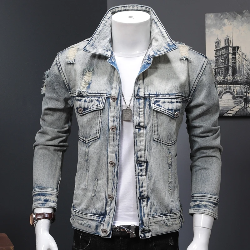 

Men Jackets 2020 Autumn New Hole Jeans Coat Men Nostalgic Retro Denim Jacket Fashion Slim Jacket Men Zipper Pocket Denim Jacket