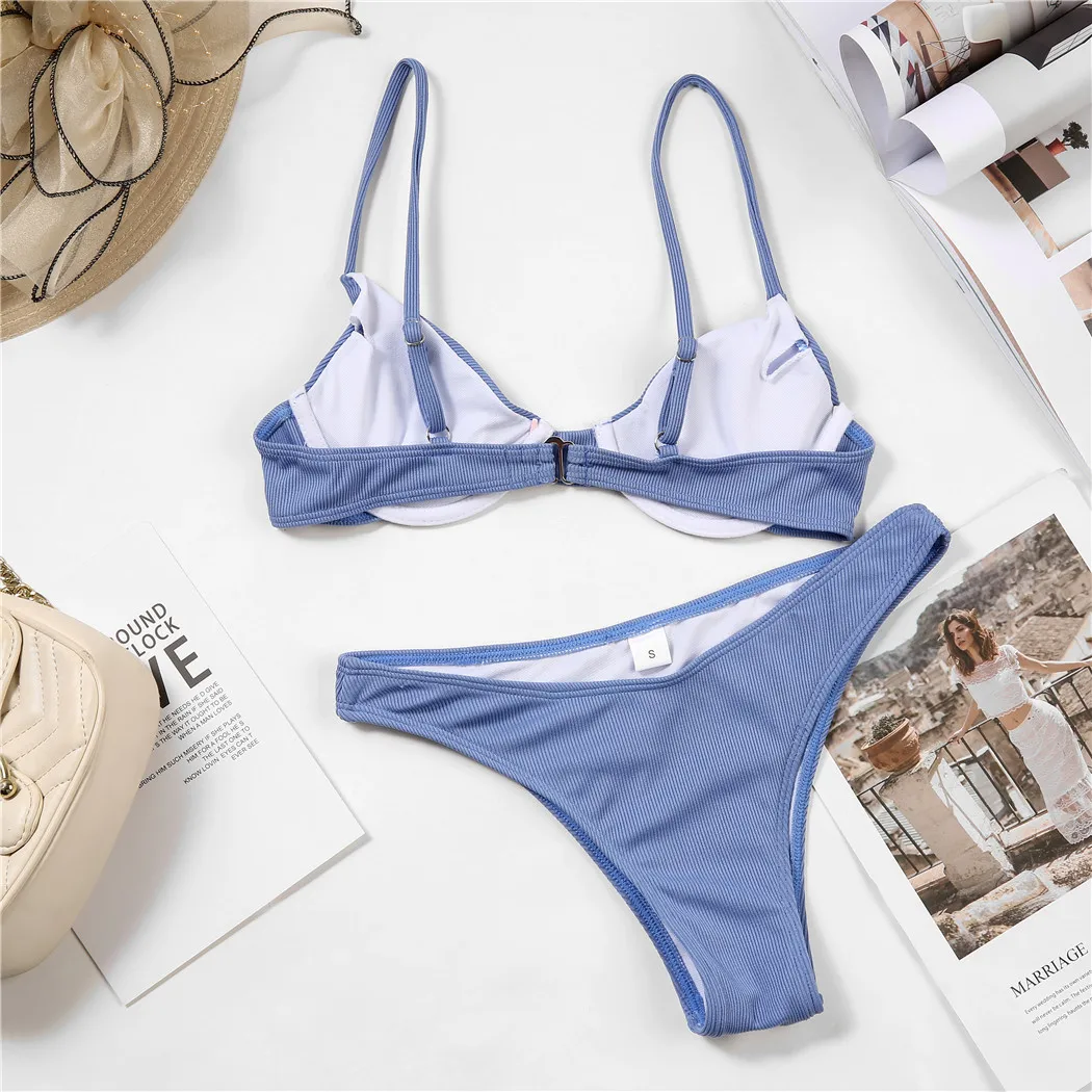 

Bikini 2021 Summer Bandage Swimsuit Women Push Up Swimwear Padded Bra Bikini Set Solid Beach Wear Bathing Suit Brazilian Biquini