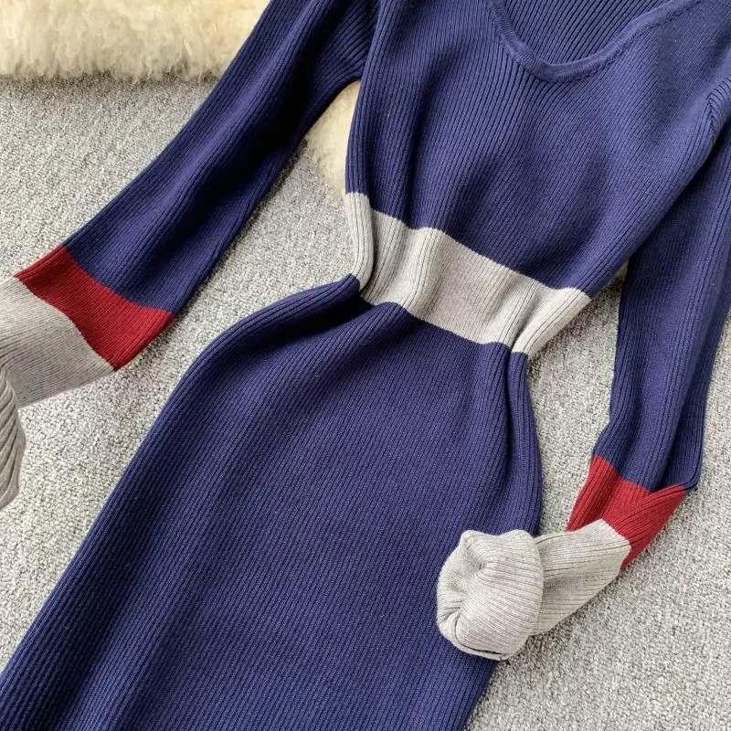 ALPHALMODA осеннее Новое винтажное вязаное платье женское цветное Элегантное зимнее платье с длинными рукавами вязаное платье-футляр