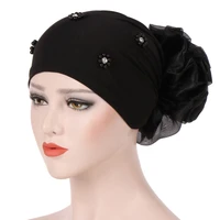 elastic women big flower hijab turban caps muslim beading head scarf ladies hair accessoires cap islamic underscarf bonnet