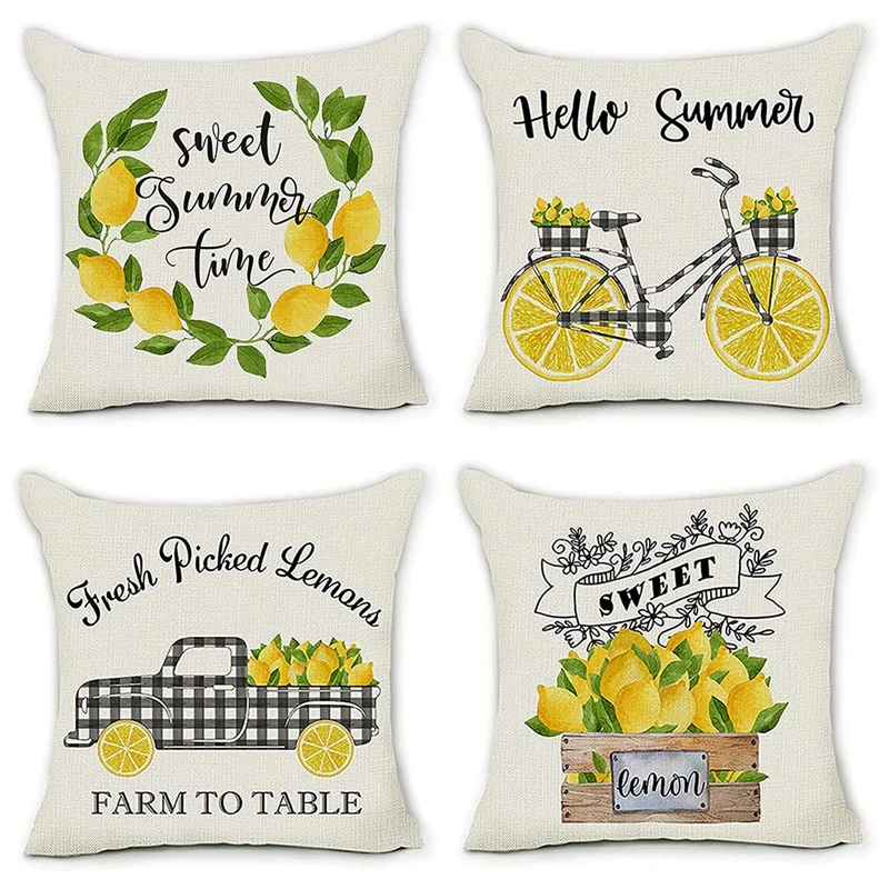 

Summer Pillow Covers 18X18 Set Of 4 Lemon Farmhouse Throw Pillows Cases Outdoor Pillow Decorations For Couch Home