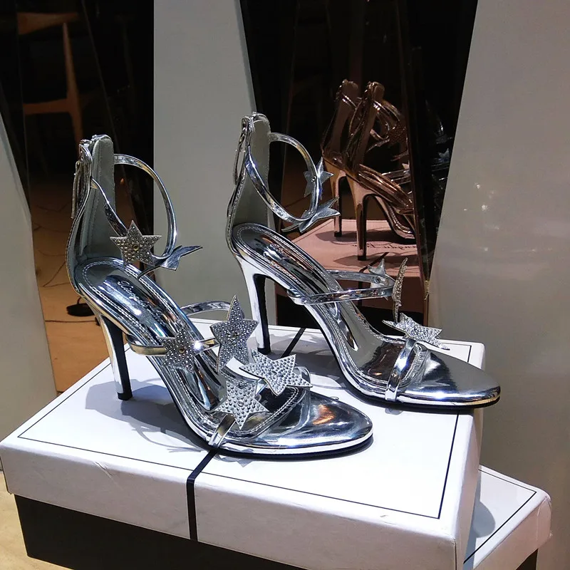 

Free shipping fashion women high heels silver star Rhinestone crystal strappy stiletto heel sandals bridal wedding shoes 10cm