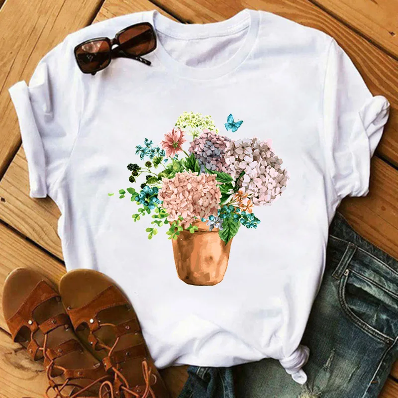 

Flowers Cartoon T Shirt Printing Women Funny Graphic Tees New Cute Ladies Tee Simple Harajuku Basic Tshirt Female Cloth