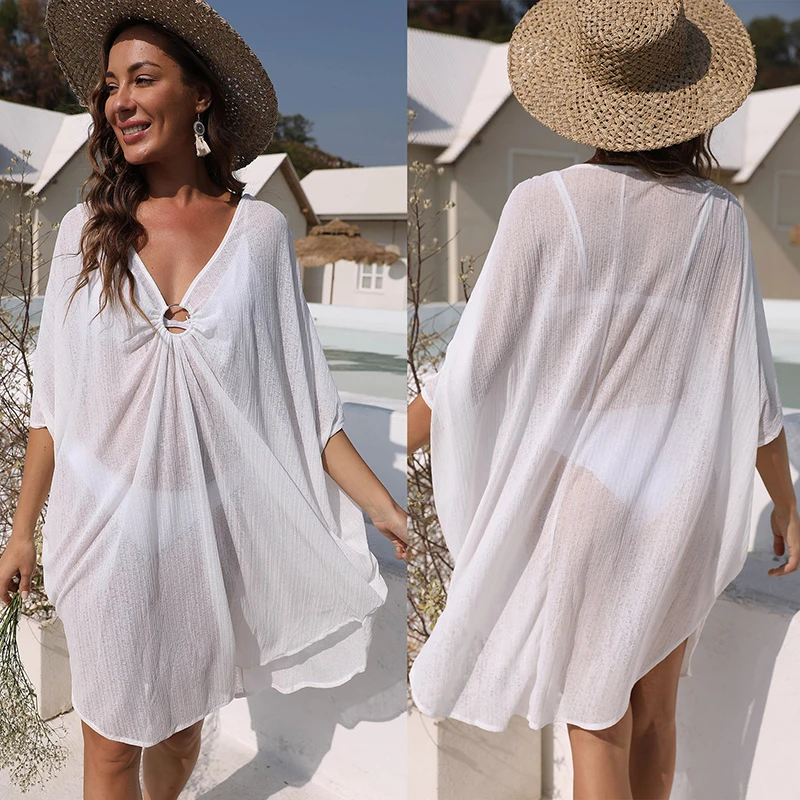 Summer Ladies 2021 Sexy Long-Sleeved Deep V-Neck Loose Beach Top Off-Shoulder Beachwear Cover Ups for Swimwear Women