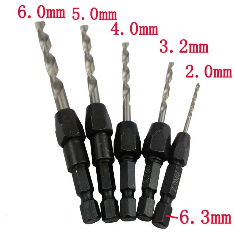 5 Pc Quick Change Steel Plate Hole Drill Bit 2mm To 6mm Twist Drills Hexagonal Metric System Hss 6542 Core Sunken Wood Bitting