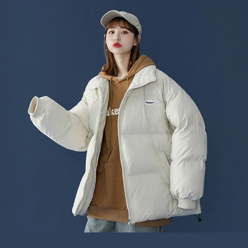 Parkas Women Men Cotton Padded Thicken Warm Winter Jacket Harajuku Stand Collar Coats Kpop Solid Color Parka Women Fashion WPA06