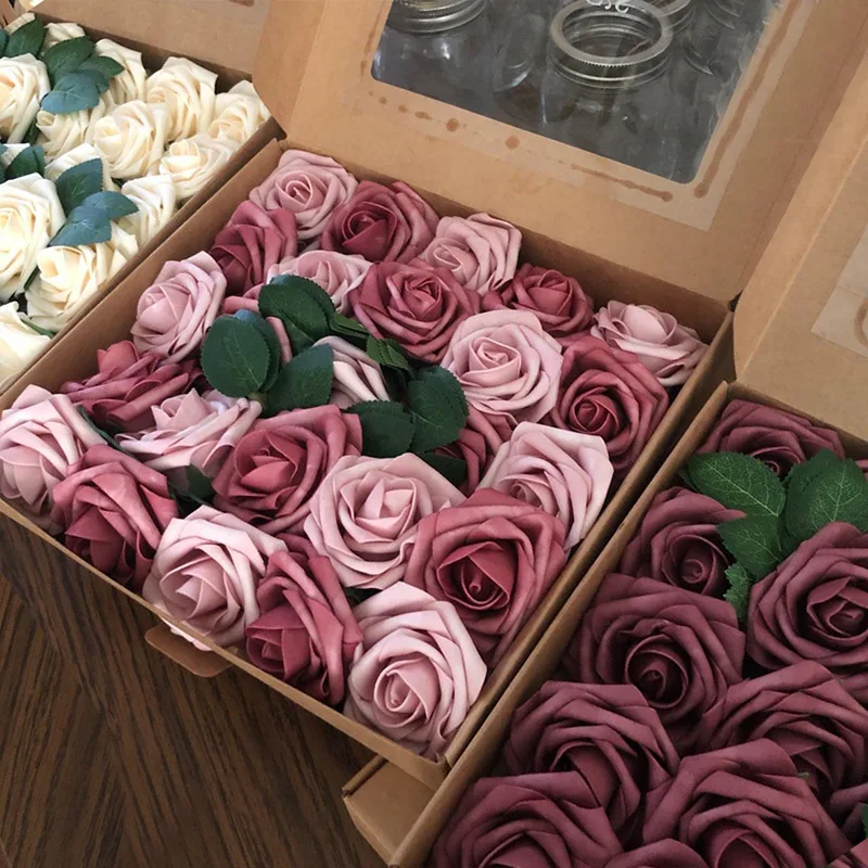 

25pcs/box Artificial Flowers Blush Roses Realistic Fake Roses w/Stem for DIY Wedding Party Bouquets Baby Shower Home Decorations