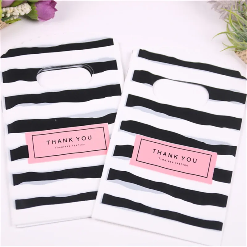 

50pcs/lot New Design Black&white Striped Packaging Bags for Gift Small Plastic Jewellery Pouches with Thank You