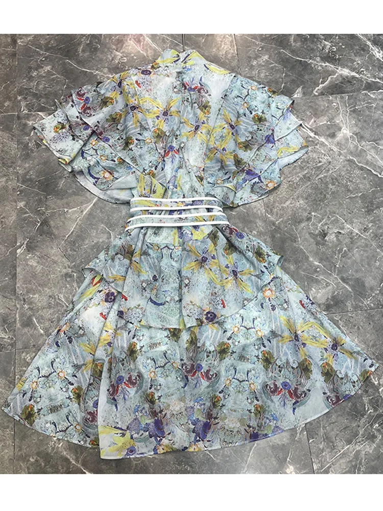 

Multi-layered ruffled sleeves, retro print, bandage, waist, irregular dress, ladies' autumn new style, loose big hem, tutu skirt