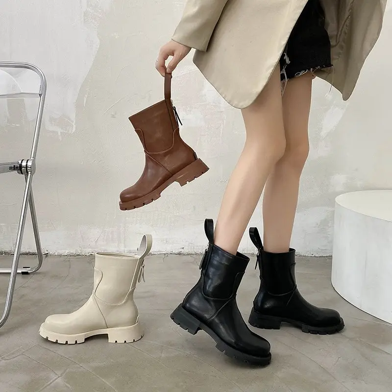 

Женские ботинки, женская обувь, осенне-зимняя обувь, круглый носок, молния сзади, молния, до середины икры, 2021, низкая, для верховой езды, кожа...