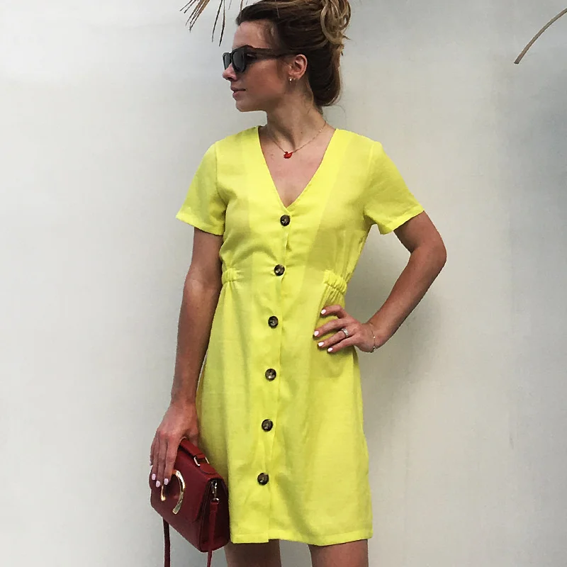 

Summer Dresses For Women Beach Sexy Dress Casual Short Sleeve Soild Button Boho Mini Party Dress Elegant V Neck Clubwear Vestido