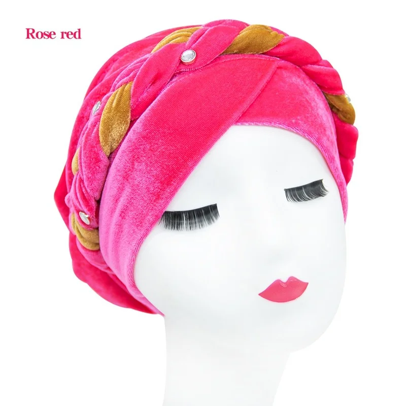 

New Style Baotou Cap Satin Bonnet Muslim Velvet Braid Cap National Style Two-color Nail Bead Adult Cap Wholesale