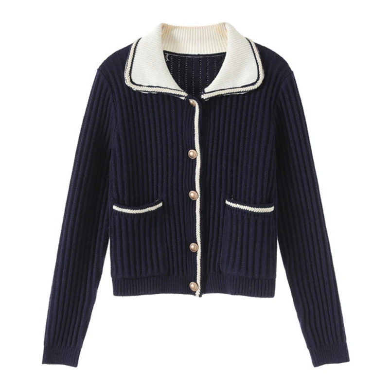 Single Breasted Navy Cardigan Mujer 2020 Autumn Winter Vintage Turn-down Collar Long Sleeve Sweater Women |
