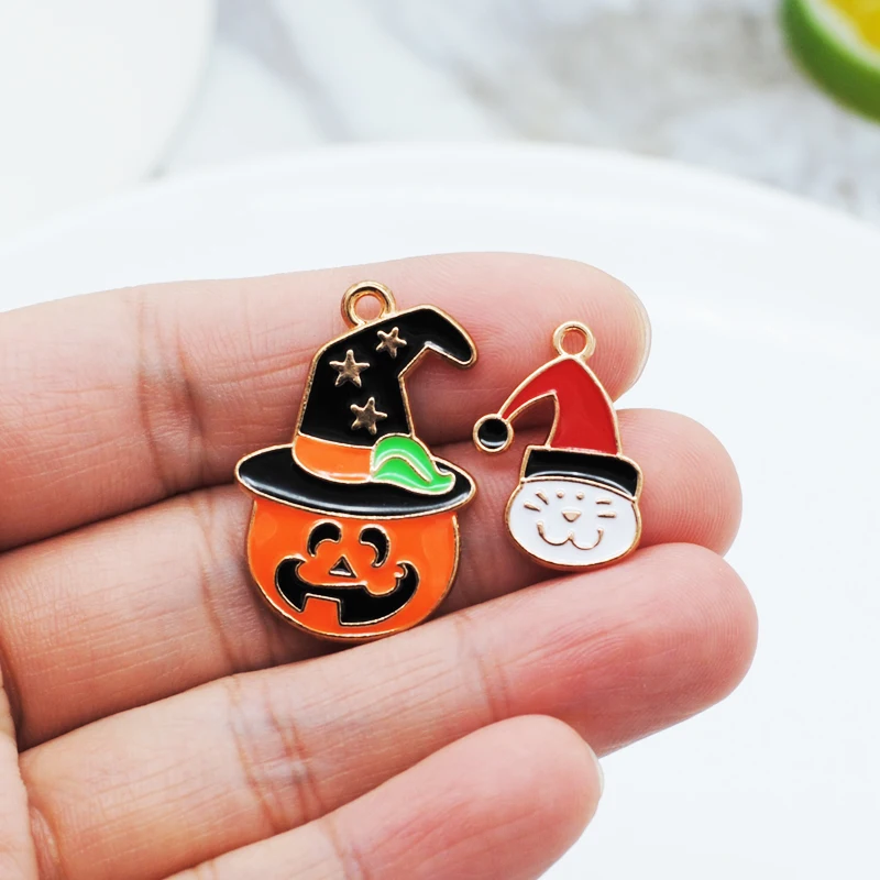 

20pcs/Lot New KC Gold Color Tone Festival Halloween Pumpkin Lantern Cat Shape Enamel Charms For Jewelry Making Accessories